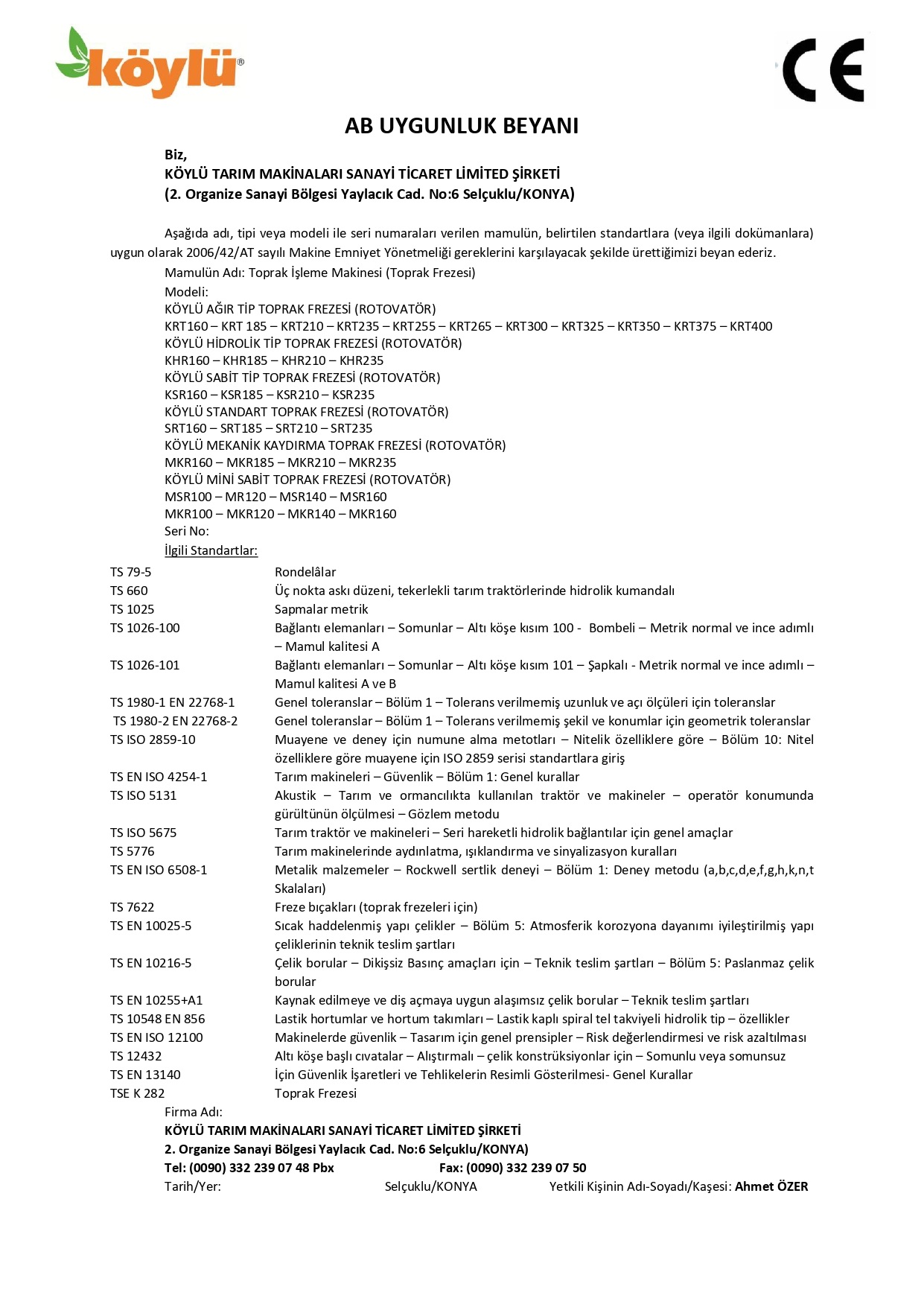 MİNİ TOPRAK FREZESİ AB UYGUNLUK BEYANI