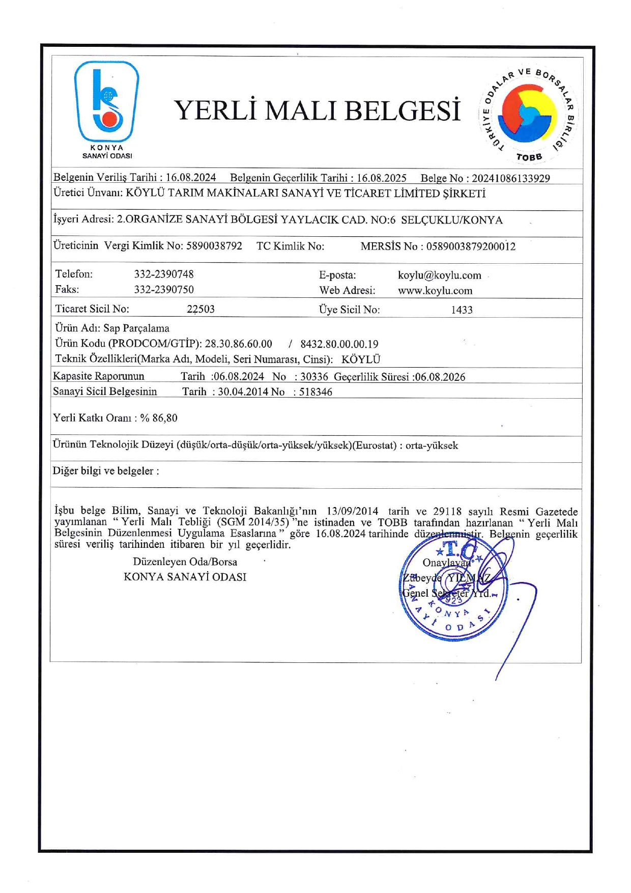 SAP PARÇALAMA YERLİ MALI BELGESİ