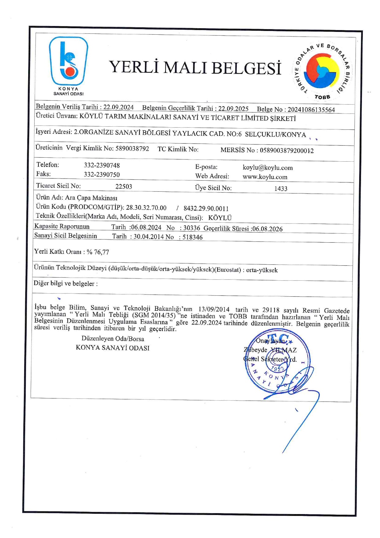 FREZELİ ÇAPA YERLİ MALI BELGESİ